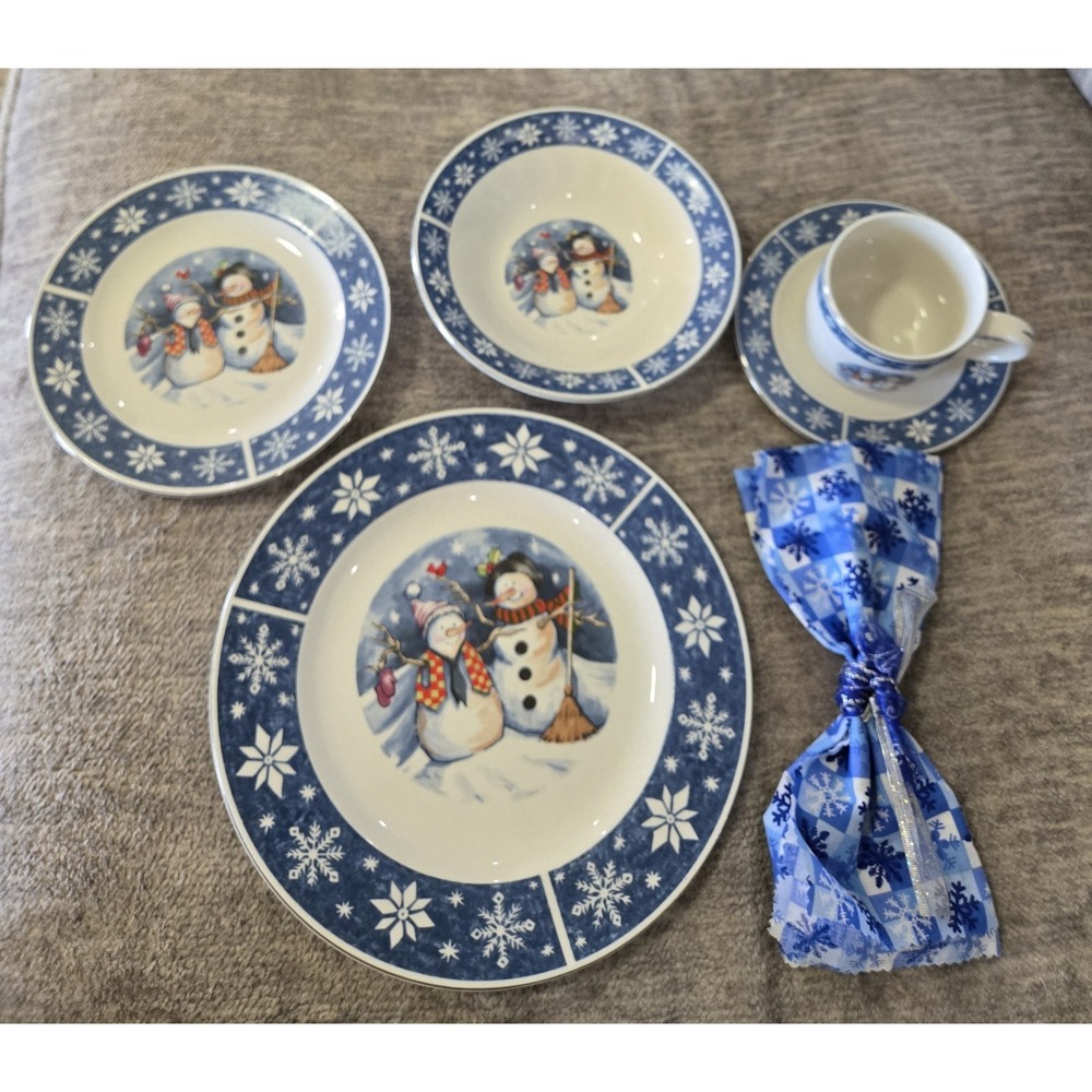 Crofton 5 Pc Snowman Place setting Christmas Holiday Blue Snowflake Silver Trim